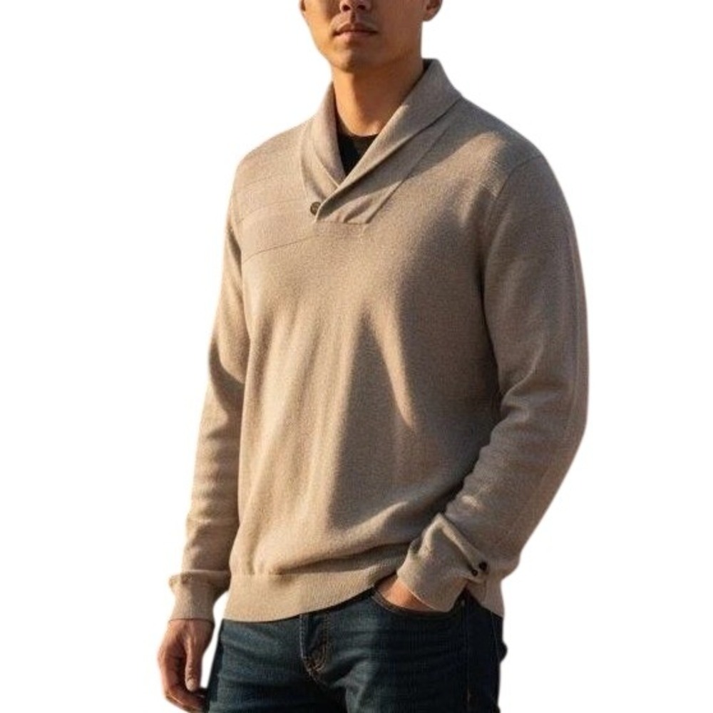 Banana Republic Men's L Beige Shawl Collar Pullover Sweater Cotton Blend